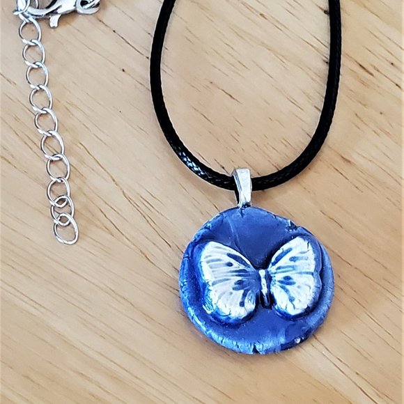 Handmade Ceramic Blue Butterfly Pendant Necklace - Picture 2 of 7